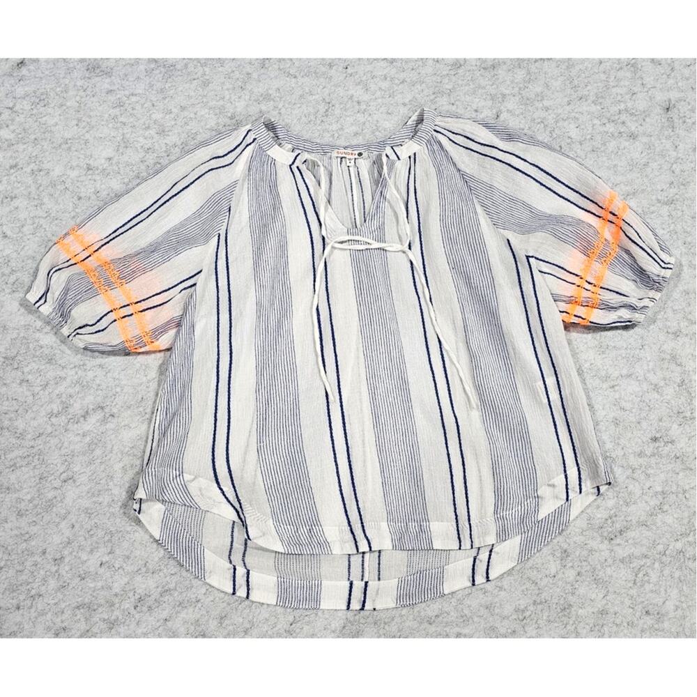 Sundry Blouse Blue White Orange Tunic Blouse, 100% Cotton, Puff Sleeve, Sz 0